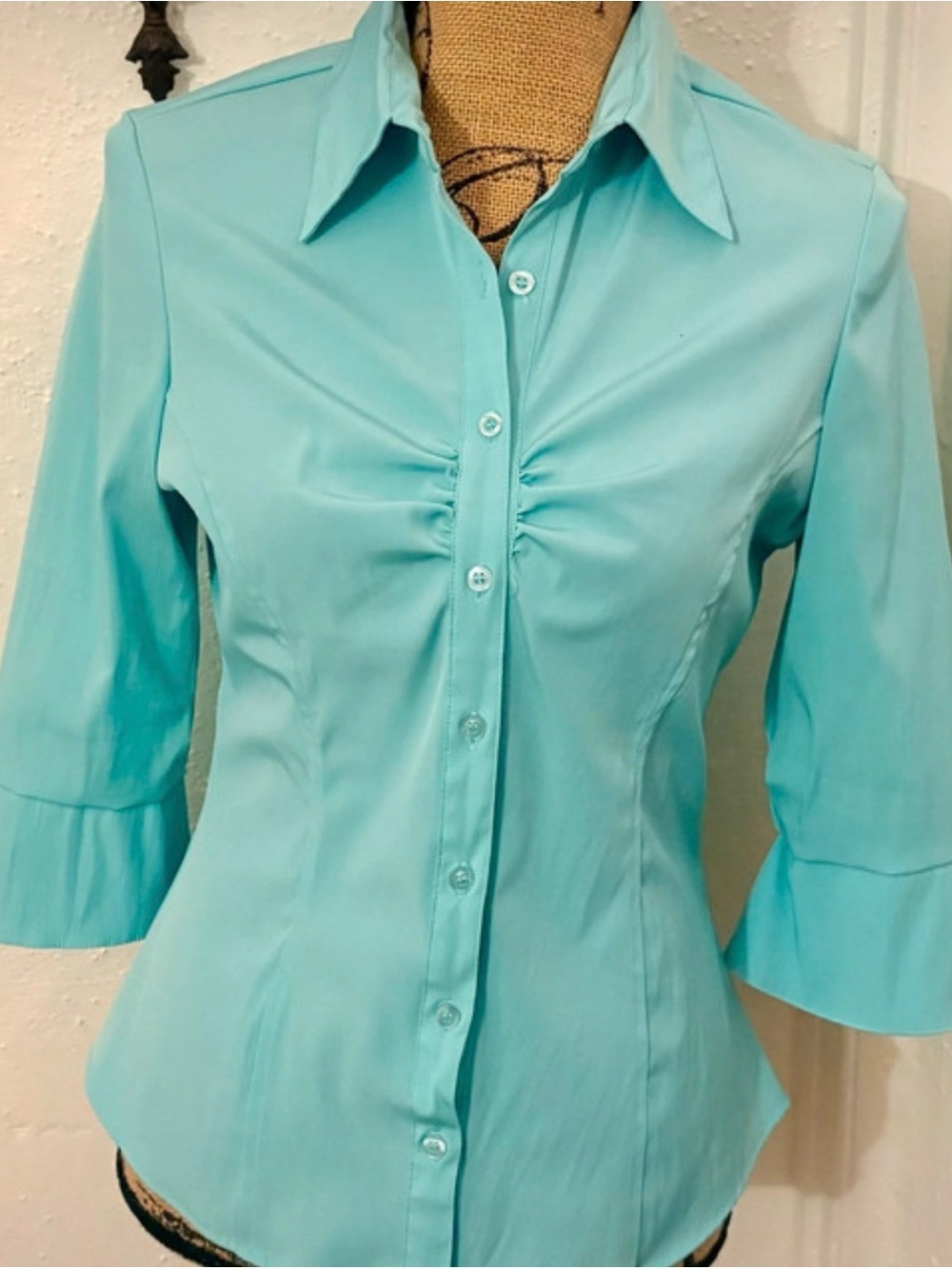 Cotton Express Turquoise Ruched Button-Up Blouse